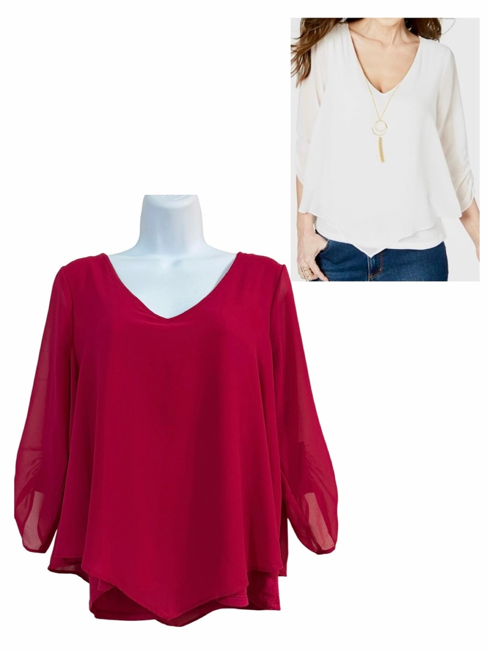 Red Magenta Chiffon Blouse Top Size Medium Sheer Elegant Romantic V-neck